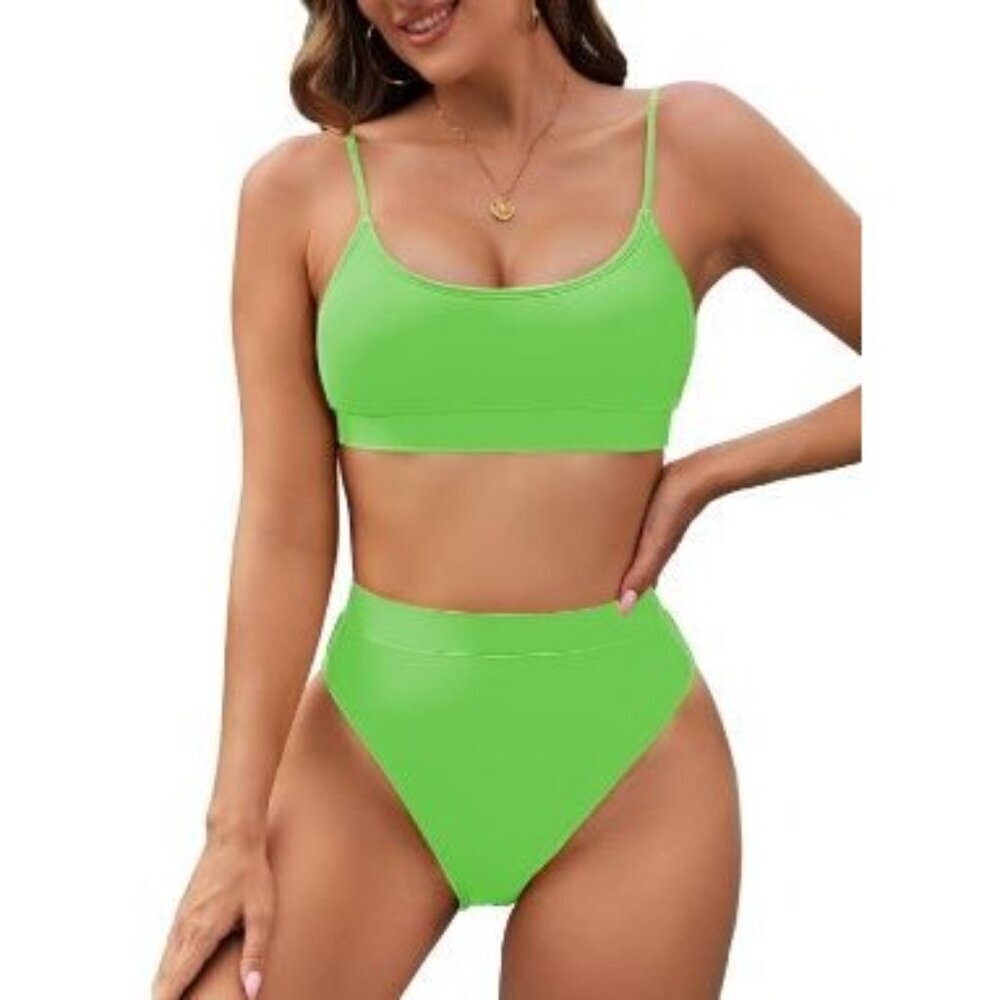 Pink Queen Women's Bikini Green High Waisted Banded Top Two Piece Small NWOT
